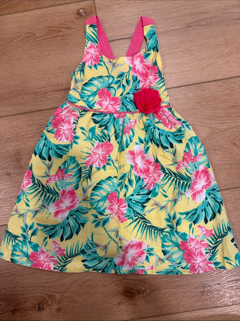 Penelope Mack Yellow Sundress with Pink Floral and Green Leaves